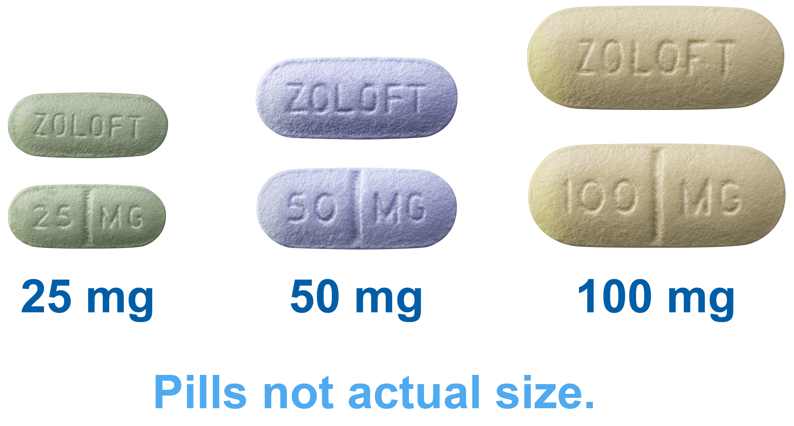 front and back image of each dose size of Zoloft (sertraline HCl)