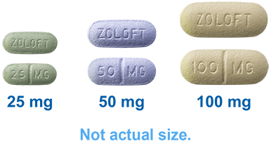 Collection of images showing Zoloft pill doses and colors: 25 mg (green), 50 mg (light blue), 100 mg (yellow)