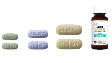 Collection of images showing Zoloft pill doses and colors: 25 mg (green), 50 mg (light blue), 100 mg (yellow), 20 mg/mL (oral concentrate)